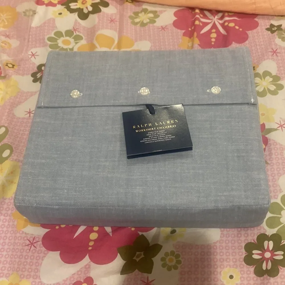 Ralph Lauren Workshirt Chambray Sheeting. Queen Flat Sheet